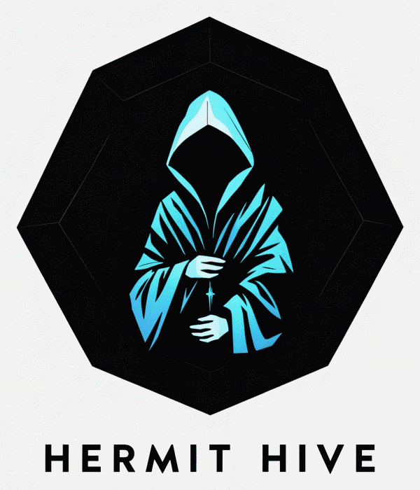 The HermitHive logo: a hooded figure inside a black
          hexagon, above the words Hermit Hive.